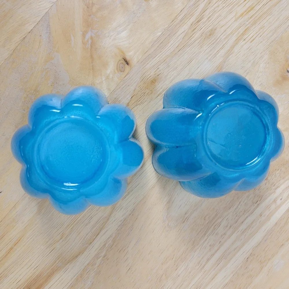 Teal Glass Votive Holders Flower Shape Swirl GlassDecorative Bowl Coastal MCM‎